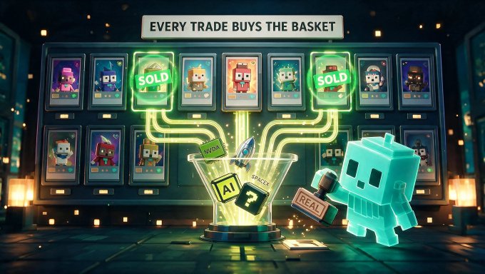 A digital illustration titled 'EVERY TRADE BUYS THE BASKET' shows NFT character cards on a screen with 'SOLD' stamps, connected by glowing lines to a basket containing 'AI' and 'REAL' items next to a teal robot character.