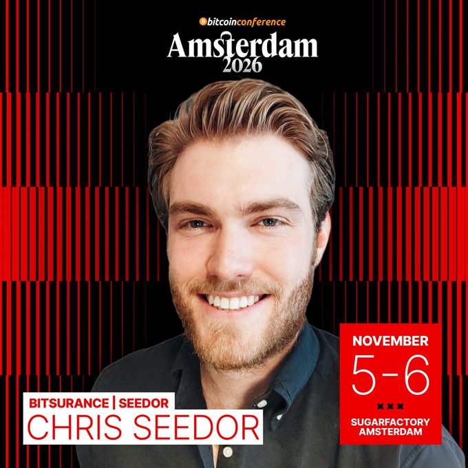 Promotional graphic for Bitcoin Conference Amsterdam 2026 featuring speaker Chris Seedor, taking place November 5-6 at Sugarfactory Amsterdam.