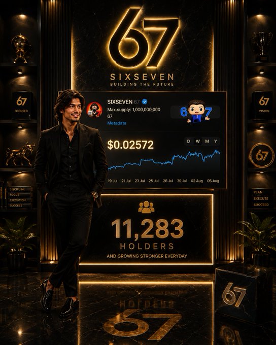 A man in a black suit stands in an upscale black and gold-themed room beside a large screen displaying the "SIXSEVEN" cryptocurrency chart at $0.02572, with prominent text reading "11,283 HOLDERS AND GROWING STRONGER EVERYDAY." The image visually reinforces the post's message by showcasing both the token's chart momentum and its expanding community of holders highlighted on the digital display.