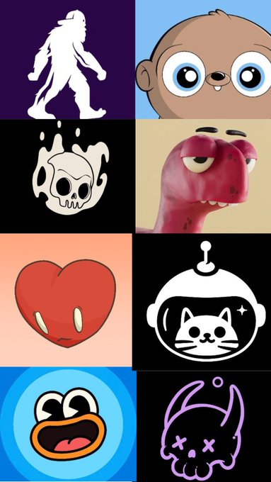A collage of eight different cartoon character icons, including a white silhouette, a brown creature, a skull splashing into liquid, a red dinosaur, a heart, a cat in a robot helmet, a blue blob, and a purple skull.
