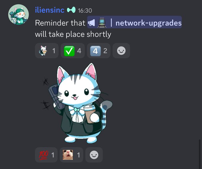The image shows a Discord message from user "iliensinc" at 16:30 announcing that network upgrades will take place shortly, accompanied by a cute cat illustration holding a phone with various emoji reactions displayed. The message corresponds to the Hyperliquid L1 mainnet upgrade announcement, specifically the activation of HIP-4 permissionless deployment capability and the launch of HIP-4 outcome markets.
