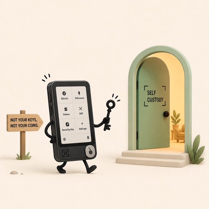 A 3D illustration of an anthropomorphic hardware wallet holding a key, standing next to a wooden sign reading 'NOT YOUR KEYS, NOT YOUR COINS' and an arched doorway labeled 'SELF CUSTODY,' with screen options for Bitcoin, Ethereum, Solana, XRP, Security Key, and Add app.