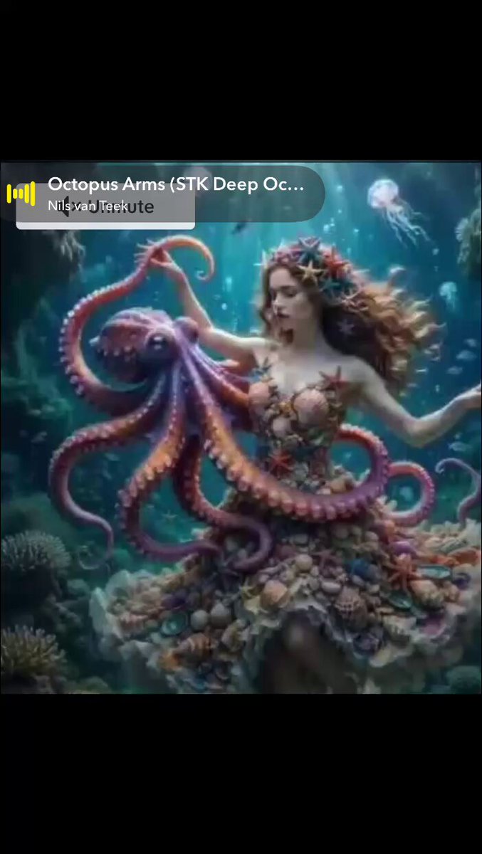 The image features a woman dressed as an octopus, with her arms spread wide open. She appears to be dancing or performing some sort of underwater acrobatic act. The background of the image is filled with various sea creatures such as jellyfish and coral reefs, creating a vibrant underwater scene. The post includes text that reads "Octopus Arms #STK Deep Oc", which suggests that this might be related to an album or artist named Octopus Arms.