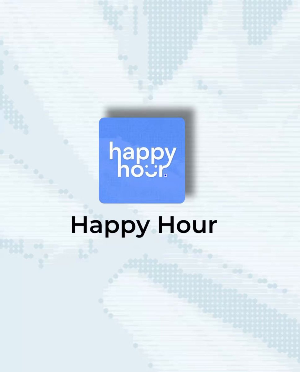 The image features a poster for "Happy Hour" that has a blue square with white text reading "Happy Hour" at the center, surrounded by a pattern of small circles. The background of the poster is white with black dots scattered throughout, creating an abstract design. The caption below the poster reads "New Chapter. New Day 1 for everyone Happy Hour Season 2 is officially live this Season is special, we became the first consumer app on @base to get tokenized with a native coin $HH and fully integrated it in the app".