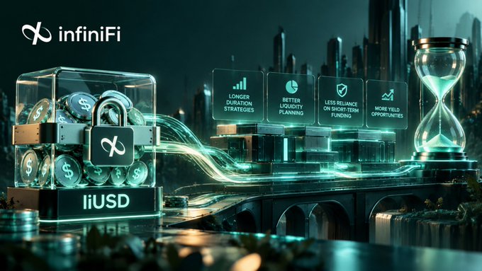 A digital graphic for "infiniFi" featuring a transparent box labeled "liUSD" filled with dollar coins, alongside icons highlighting features like longer duration strategies and better liquidity planning.