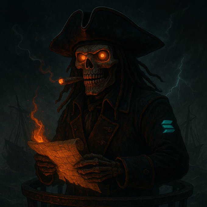 A dark, atmospheric illustration of a skeletal pirate wearing a tricorn hat with glowing orange eyes, smoking a cigar and holding a burning treasure map, with ghost ships in the background.