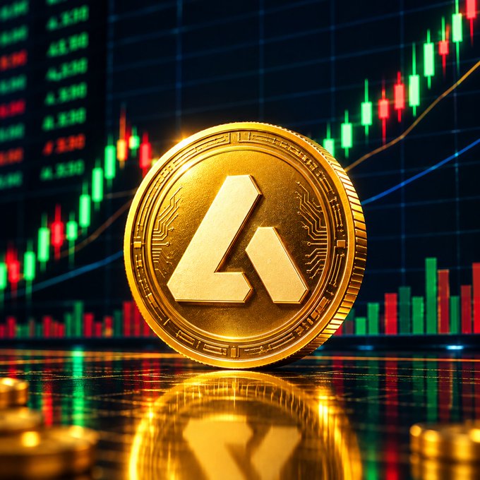 A golden cryptocurrency coin with a triangular logo sits prominently in the foreground against a backdrop of green and red trading candlestick charts and market data.