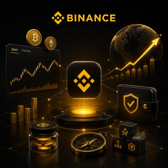 A promotional graphic for "BINANCE" featuring its logo, Bitcoin and Ethereum coin icons, a cryptocurrency trading chart labeled "Spot Futures," a digital globe with an upward arrow, a leather wallet with a shield icon, and other trading-related elements in a gold and black color scheme.