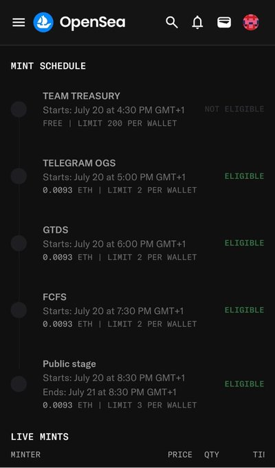 A screenshot of the OpenSea mobile app showing a Mint Schedule with stages including Team Treasury, Telegram OGs, GTDS, FCFS, and Public stage, each priced at 0.0093 ETH with various eligibility statuses.