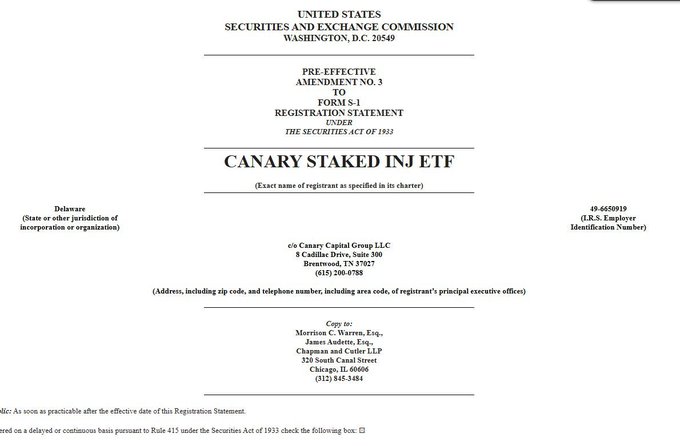 The image shows the cover page of a "Pre-Effective Amendment No. 3 to Form S-1 Registration Statement" filed with the U.S. Securities and Exchange Commission by the **Canary Staked INJ ETF**, listing Canary Capital Group LLC as the registrant with I.R.S. Employer Identification Number 49-6650919, registered in Delaware. This filing directly corresponds to the accompanying post's reference to the Canary Staked INJ ETF advancing through regulatory review alongside 21Shares' competing Injective ETF filing.