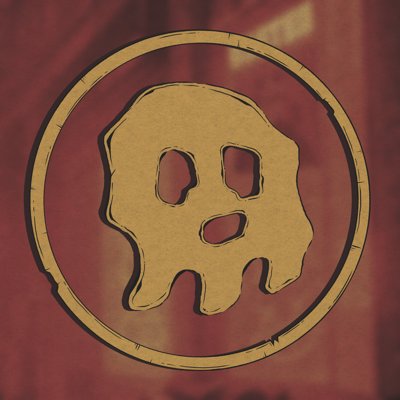 A stylized golden melted smiley face logo on a red textured background.