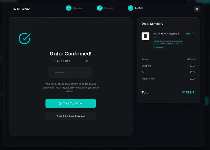 A dark-themed order confirmation screen from the Spend crypto platform showing an iPhone 16 Pro 512GB Black purchase totaling $1728.41, with steps for Shipping, Payment, and Confirm.