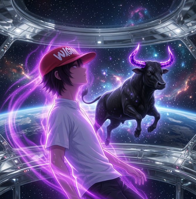An anime-style illustration of a boy wearing a red "WUHAN" cap surrounded by purple energy and a glowing horned bull in space.