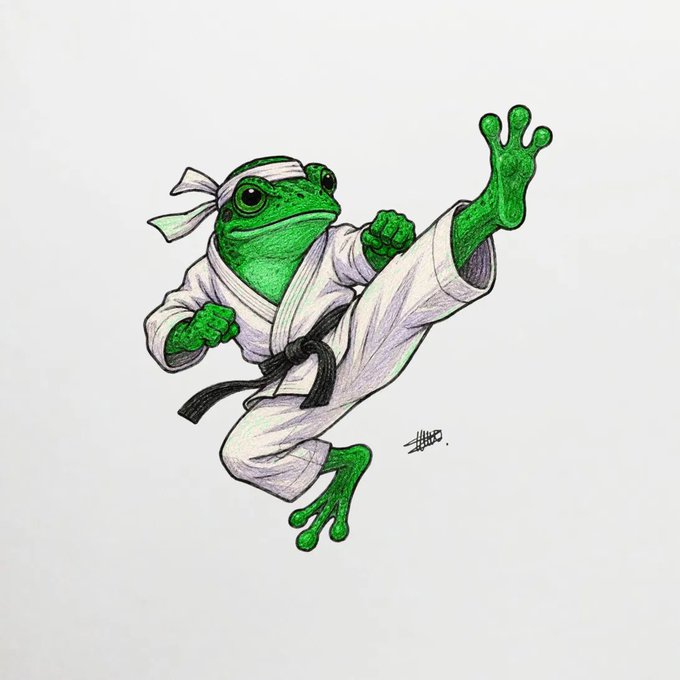 A hand-drawn illustration of a green tree frog dressed in a white karate gi with a black belt and white headband, performing a dynamic high kick.