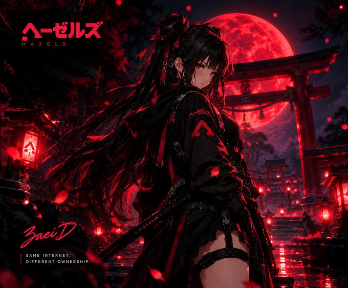 An anime-style digital artwork featuring a dark-haired female character with red eyes wearing a black outfit with 'HAZELS' branding. The dramatic scene shows a red moon, torii gates, and falling petals with the tagline 'SAME INTERNET. DIFFERENT OWNERSHIP.' and artist signature '3aeiD'.