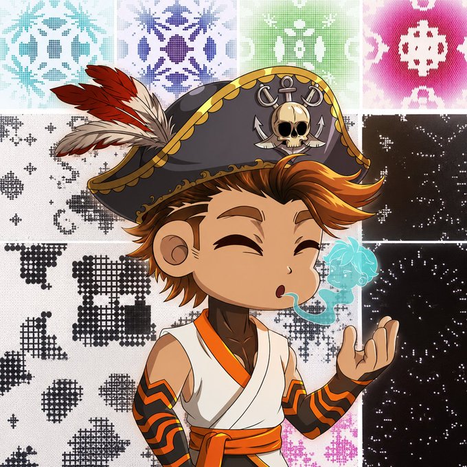 The image features a cartoon character wearing an orange and white outfit, with a pirate hat and sword. The character appears to be holding a blue crystal or gemstone in their mouth. The background of the image consists of various geometric shapes and patterns, creating a visually interesting backdrop for the character's attire. The caption provided below the image reads: "GM Legends Next alpha is @quipnetwork mint. - NFT collection powered by real quantum hardware. - Free mint - 1000 supply".