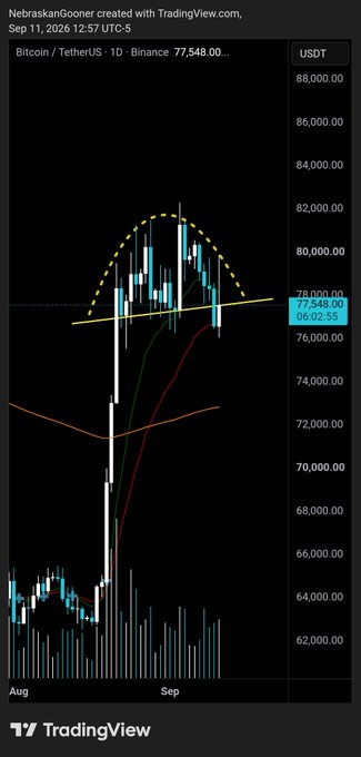 A TradingView daily candlestick chart of Bitcoin/USDT (BTCUSDT) on Binance shows a recent rally peaking near $82,000 followed by a pullback toward $77,548, with the post emphasizing concern that a daily close below current levels would signal a bearish shift in the parabolic price action.