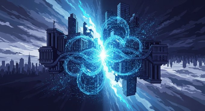 A digital pixel-art illustration depicts a glowing blue energy formation centered between two inverted cityscapes, symbolizing the convergence of traditional finance and decentralized blockchain infrastructure. The image visually represents BlackRock's BUIDL tokenized money market fund bridging conventional markets with Ethereum-based programmable finance.
