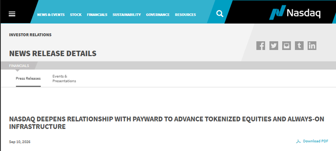 A Nasdaq news release page titled 'NASDAQ DEEPENS RELATIONSHIP WITH PAYWARD TO ADVANCE TOKENIZED EQUITIES AND ALWAYS-ON INFRASTRUCTURE' dated Sep 10, 2026.