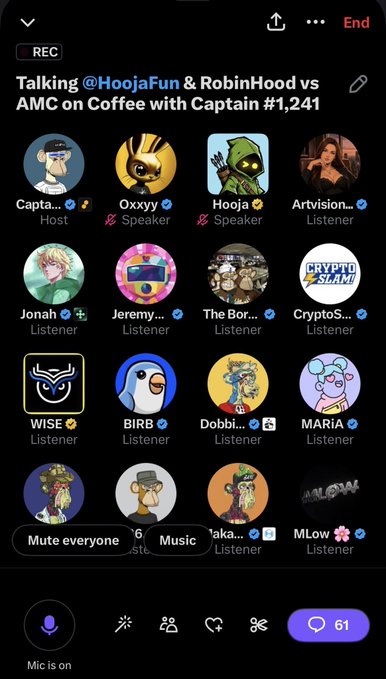 A screenshot of a live audio room app titled 'Talking @HoojaFun & RobinHood vs AMC on Coffee with Captain #1,241', showing various user avatars as speakers, hosts, and listeners.