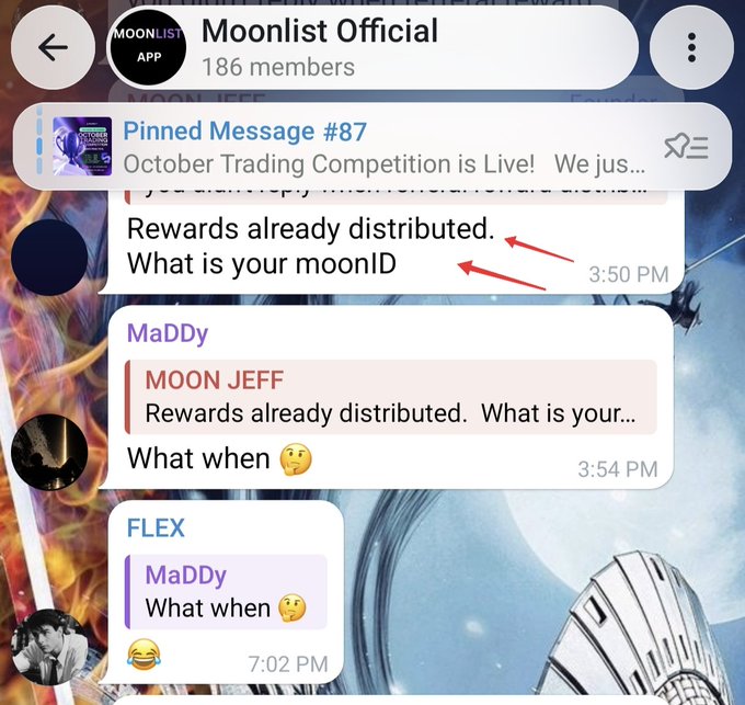A Telegram chat screenshot of the 'Moonlist Official' group (186 members) showing messages about a 'October Trading Competition' with rewards already distributed, including a pinned message #87 and messages from users MaDDy and FLEX.