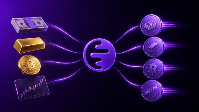 The image shows a central purple "Ink" logo connecting traditional assets on the left—stacks of cash, a gold bar, a Bitcoin coin, and a stock chart—to tokenized crypto representations on the right, with glowing purple energy lines linking them together. It visually reinforces the post's message by depicting Ink as the bridge that tokenizes real-world assets (money, gold, Bitcoin, equities) and brings them onchain.