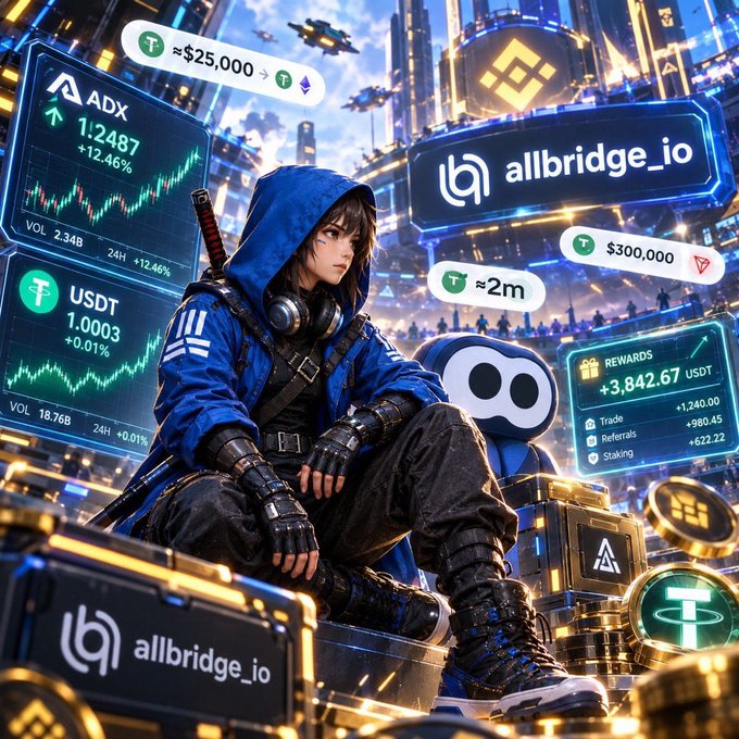 An anime-style promotional graphic for 'allbridge_io' featuring a hooded character surrounded by floating cryptocurrency price tickers (ADX, USDT) and reward information.