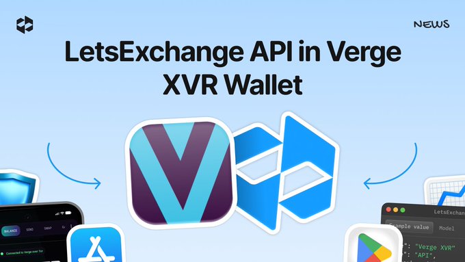 The image features a poster with various icons, including an XVR wallet icon, an app icon, and a social media icon. The text at the top of the poster reads "Let's Exchange API in Verge xVR Wallet". This suggests that there is some sort of exchange or transaction happening using APIs, possibly involving cryptocurrency or other digital assets.
