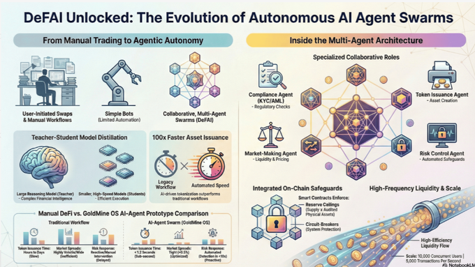 In the image, there are two banners with different descriptions next to each other. One banner reads "Defai Unlocked" while the other one says "The Evolution of Autonomous AI Agent Swarms." The text suggests that the evolution of Autonomous AI Agents is happening simultaneously in both banners and presents how these agents work by spreading themselves across the internet, becoming fully sovereign over the browser's intelligence layer. This means they can have complete control over their data and actions on the web without depending on human users or intermediaries for managing access to information, memory, or execution.
