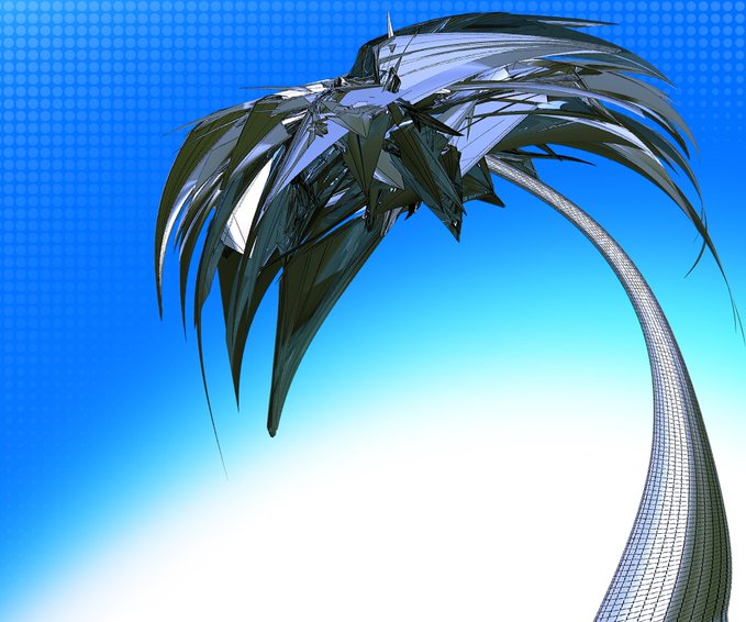 A 3D digital render shows a futuristic, stylized palm tree with sharp, metallic leaves against a bright blue halftone background.