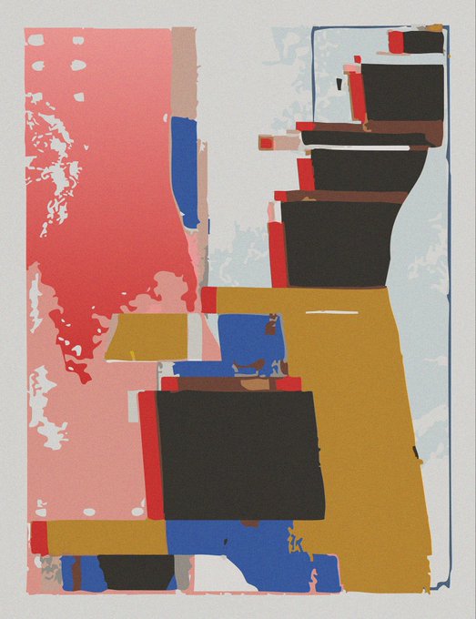 An abstract painting features bold, geometric blocks of red, blue, yellow, black, and white with a textured, collaged appearance.