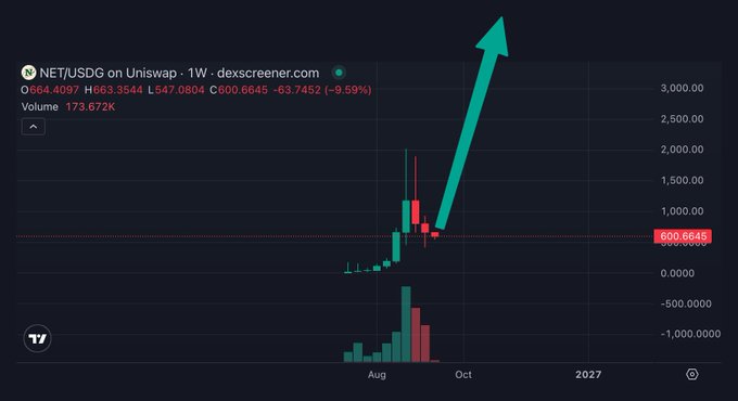 A weekly candlestick chart of NET/USDC on Uniswap from dexscreener.com showing price at 800.6645 (-9.59%), with a large green arrow pointing upward indicating a projected bullish trend.