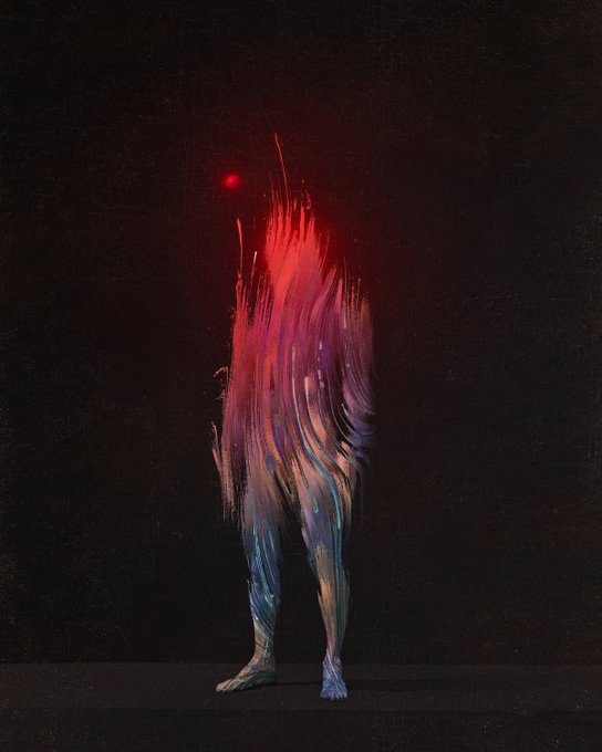 A digital artwork on a black background depicting an abstract humanoid figure made of flowing red, purple, and blue streaks with a glowing red dot above it.