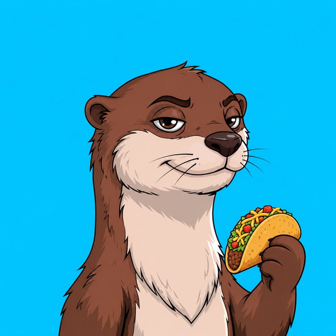 A cartoon illustration of a brown and cream otter with a smug expression holding a hard-shell taco against a bright blue background.