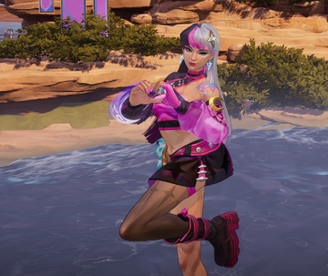 A vibrantly styled video game character with pink and purple hair poses playfully in a rocky beach setting, wearing a glossy pink and black outfit with matching accessories. The colorful, stylized avatar visually reinforces the post's humorous confession about being "addicted" to chasing flashy in-game cosmetics.