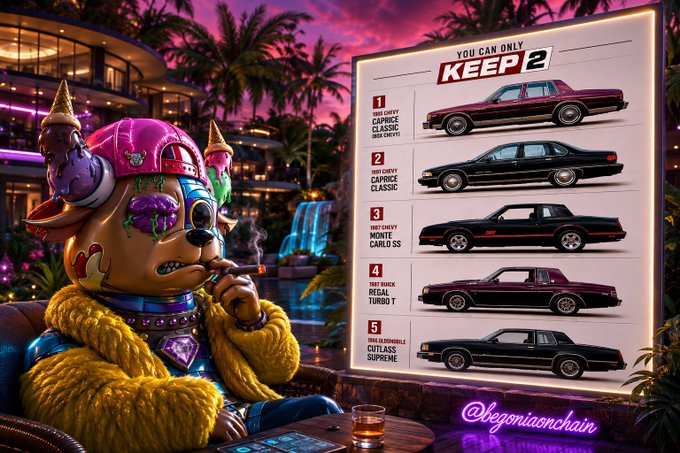 An anthropomorphic bear wearing a colorful cap and fur jacket smokes a cigar while contemplating a glowing display titled "YOU CAN ONLY KEEP 2," which lists five classic luxury cars including the Cadillac Classic, Buick Regal, Chevrolet Monte Carlo SS, Mercury Turbo T, and Cadillac Supreme, numbered 1 through 5. The image visually presents the raffle choice scenario from the post, helping followers decide between the five vintage rides — with the creator leaning toward options 3 (Monte Carlo SS) and 4 (Turbo T).