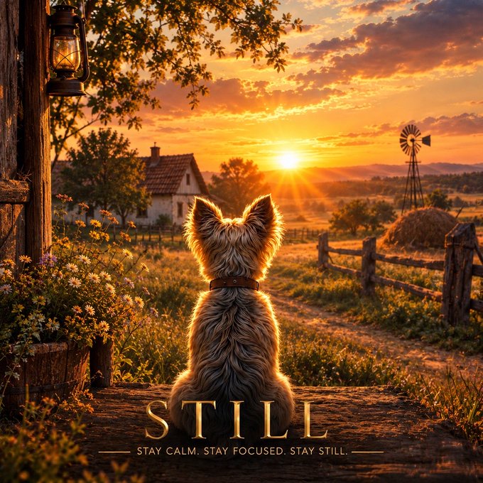 An illustrated scene of a small terrier-type dog sitting on a porch watching a golden sunset over a rural landscape with a windmill and farmhouse, with the text 'STILL - STAY CALM. STAY FOCUSED. STAY STILL.'
