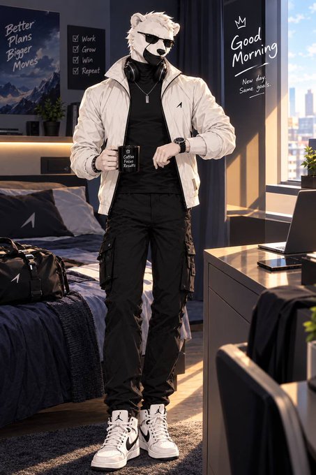A person in streetwear fashion wearing a white puffer jacket, black pants, and Nike sneakers, holding a coffee mug in a modern bedroom setting with motivational wall art reading 'Better Plans Bigger Moves' and 'Good Morning New day Same goals'.