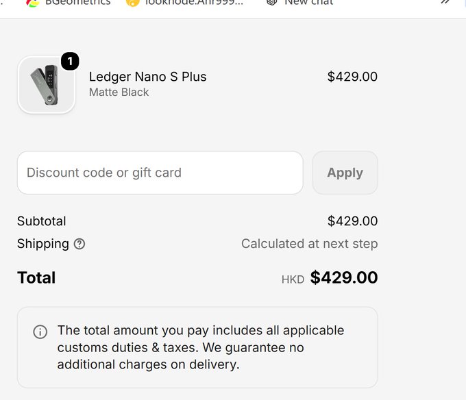 An online shopping cart showing a Ledger Nano S Plus in Matte Black priced at $429.00 HKD with a discount code field and a note about customs duties and taxes.