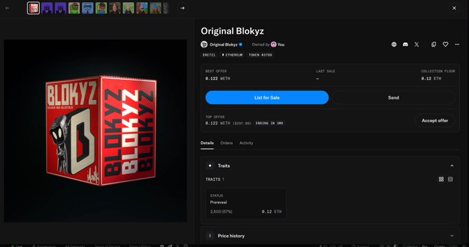 Screenshot of an NFT marketplace page showing the "Original Blokyz" collection with a best offer of 0.122 ETH and a floor price of 0.12 ETH, featuring a red 3D box graphic with "BLOKYZ" branding.