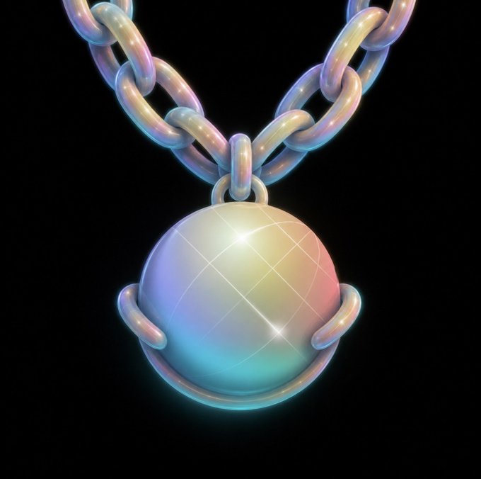 A 3D rendered iridescent pendant necklace featuring a spherical charm with a diamond grid pattern hanging from a chunky chain against a black background.