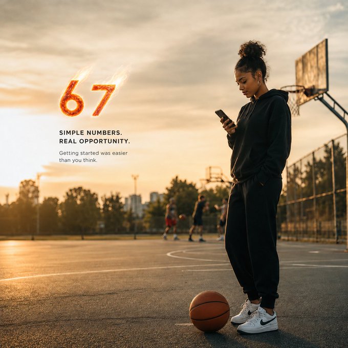 A motivational graphic showing '67' in flaming numbers with text 'SIMPLE NUMBERS. REAL OPPORTUNITY. Getting started was easier than you think,' featuring a young woman on a basketball court.