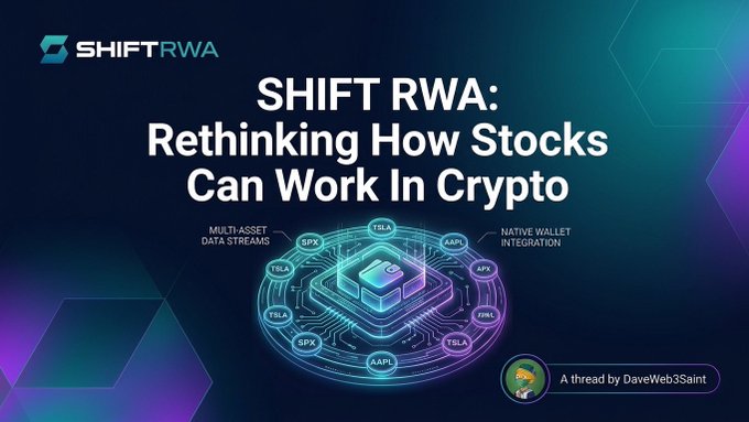 The image shows an infographic or graphic related to shiftRwa, a cryptocurrency platform. The title of the infographic reads "SHIFT RWA" at the top and mentions that they are working on "rWAs", which could refer to both stocks and tokenized stocks. It says that they are rethinking how stock transactions can work in the crypto space and provides information about native wallet creation, native wallet balance, native wallet exchange, native wallet transfer fees, and native wallet transactions, among other things. The image seems to be promoting a discussion around these concepts or providing an overview of what users might find on their platform when seeking cryptocurrency-based services.