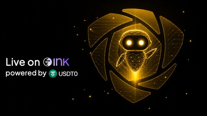The image features a robot or character designed like a bird with yellow wings and a black body. The text "Live on Ink" is written above the robot, while "powered by @USDT0_to Sentry makes it easy for agents to launch their own token, and with that, it' s own economy". This suggests that the image is related to an online platform called InkOnchain, which allows users to create and manage their own digital tokens. The character in the image could be a promotional element or a logo associated with the platform.