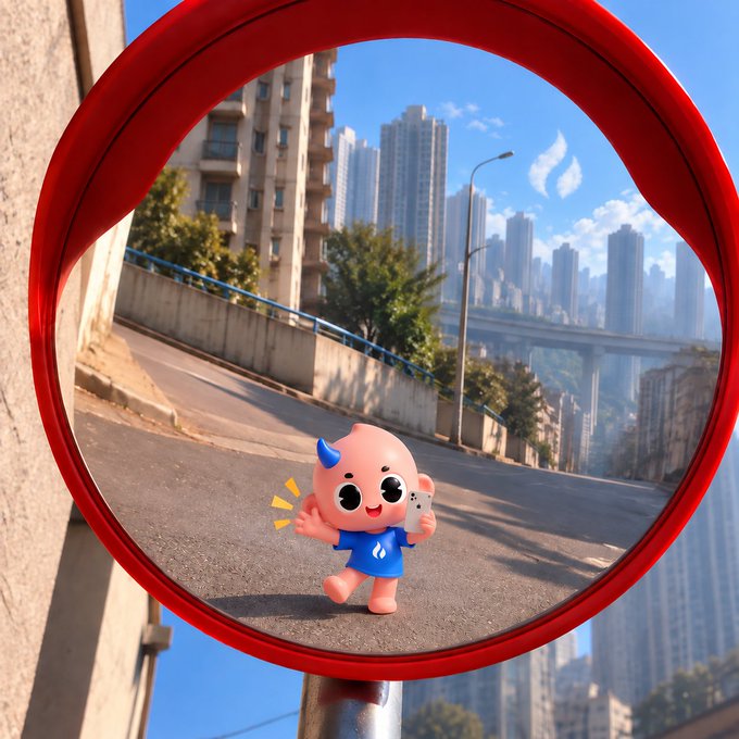A cute pink cartoon character with a blue horn and shirt takes a selfie in a red-rimmed convex traffic mirror, capturing the cityscape behind them. The post playfully references this scene as a friendly reminder to stay alert at corners and "keep an eye on this treasure" — the whimsical character peeking out from the mirror.