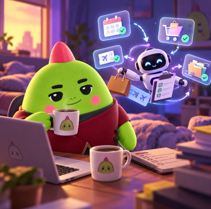 A cute green avocado-like character in a red shirt sits at a desk with two coffee mugs, working on a laptop while a helpful AI robot floats beside him, juggling icons of a calendar, shopping cart, travel, and tasks—visually capturing the irony of AI assistants telling users what to do while the human still has to execute all the steps themselves.