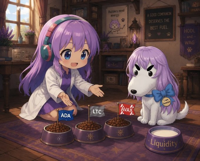 An anime-style illustration shows a purple-haired girl in a lab coat with headphones next to a white dog with purple hair, presenting food bowls labeled with crypto tickers ADA, LTC, AVAX, and Liquidity; signs read 'Builders need energy' and 'A good companion deserves the best fuel' with 'HODL and WAG'.