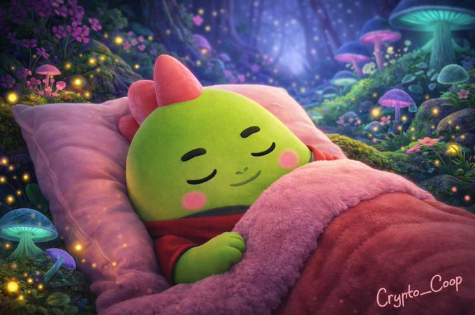 llor, a green dinosaur-like creature with pink horns and a red tail, sleeps peacefully on a pink pillow amidst a forest of mushrooms and glowing mushrooms.