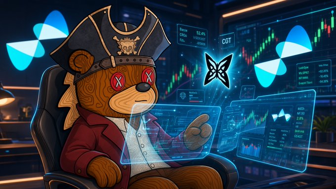 A digital illustration of a bear character dressed as a pirate in a captain's hat and red coat, sitting in a chair and analyzing cryptocurrency charts on futuristic blue holographic screens.