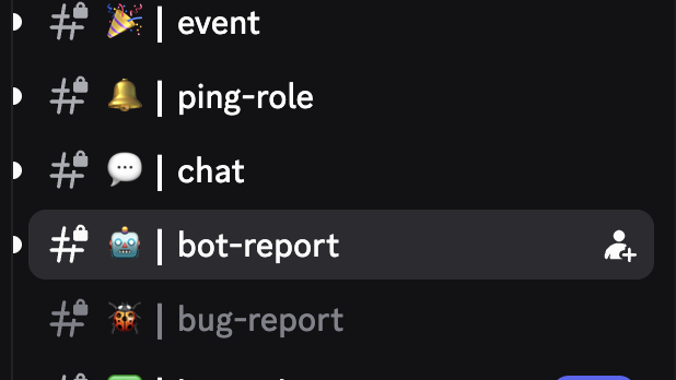 A Discord interface showing channel list including event, ping-role, chat, bot-report, and bug-report.